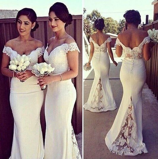 Backless Bridesmaid Dresses For Women Mermaid Off The Shoulder Satin Lace Long Cheap Under 50 Wedding Party Dresses - RongMoon