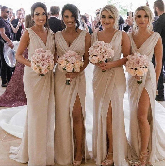 Cheap Bridesmaid Dresses For Women Mermaid V-neck Chiffon Slit Backless Long Under 50 Wedding Party Dresses - RongMoon