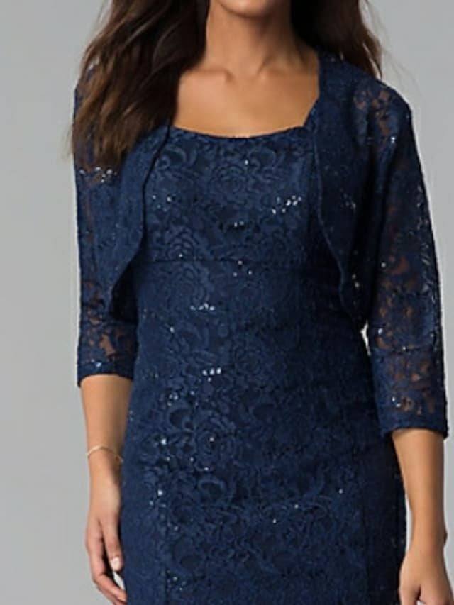Mermaid / Trumpet Mother of the Bride Dress Plus Size Sexy Square Neck Tea Length Lace 3/4 Length Sleeve with Crystals - RongMoon