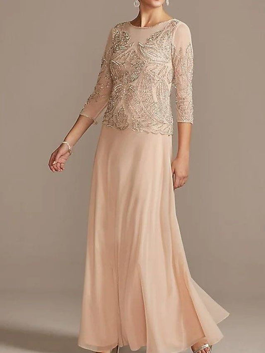 Sheath / Column Mother of the Bride Dress Elegant Jewel Neck Floor Length Chiffon Half Sleeve with Pleats Beading - RongMoon