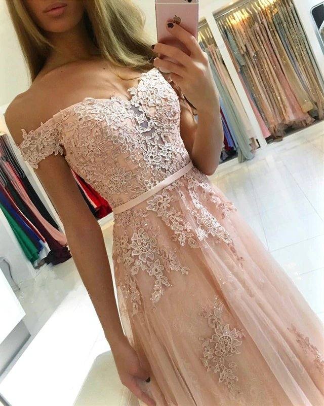 Lace Appliques Off Shoulder Tulle Bridesmaid Dresses Long - RongMoon