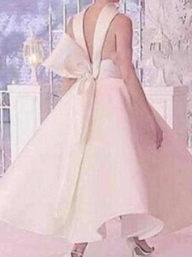 A-Line Vintage Sexy Engagement Prom Dress Halter Neck Sleeveless Ankle Length Stretch Satin with Sleek Bow(s) - RongMoon