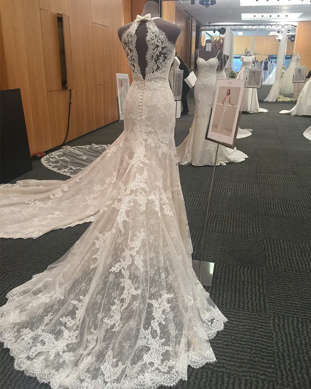 Halter Neck Open Back Lace Mermaid Court Train Wedding Dresses
