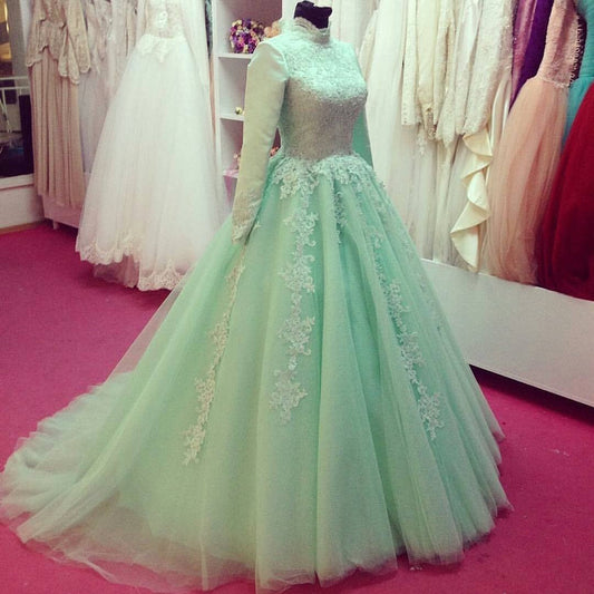 High Neck Long Sleeves Muslim Arabic Wedding Dresses