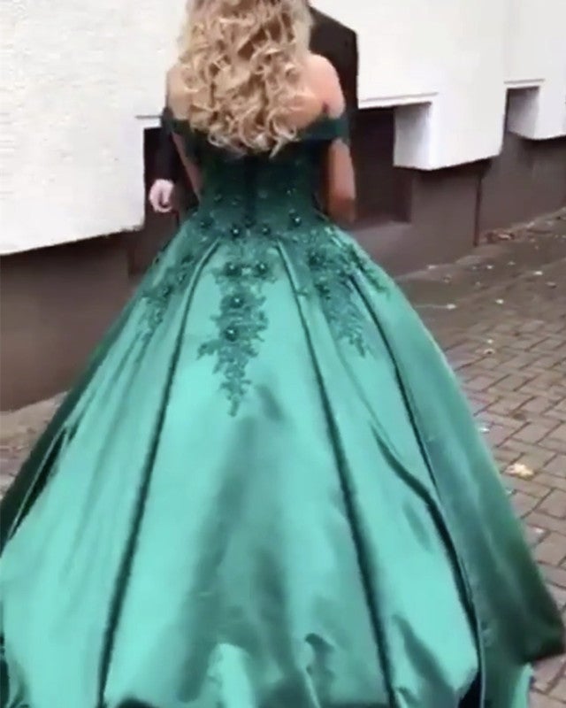 Hunter Green Satin Ball Gowns Wedding Dresses Lace Off The Shoulder