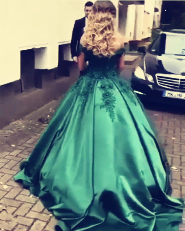 Hunter Green Satin Ball Gowns Wedding Dresses Lace Off The Shoulder