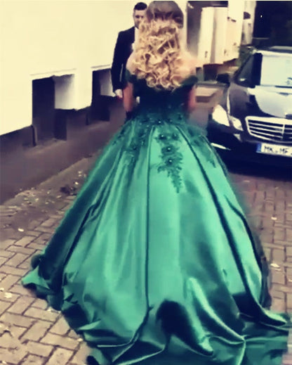 Hunter Green Satin Ball Gowns Wedding Dresses Lace Off The Shoulder