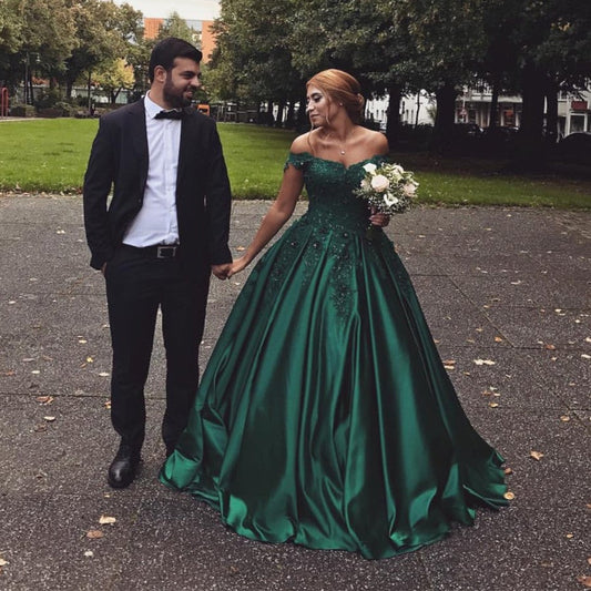 Hunter Green Satin Ball Gowns Wedding Dresses Lace Off The Shoulder