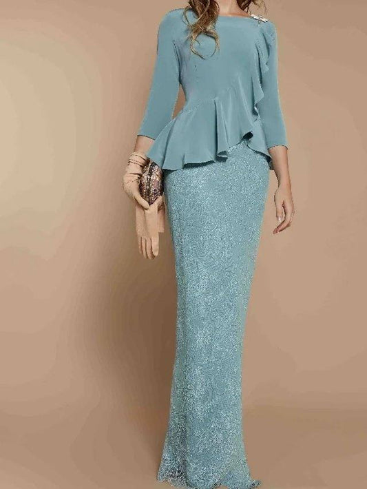 Sheath / Column Mother of the Bride Dress Elegant Jewel Neck Floor Length Lace Stretch Satin Long Sleeve with Ruffles - RongMoon