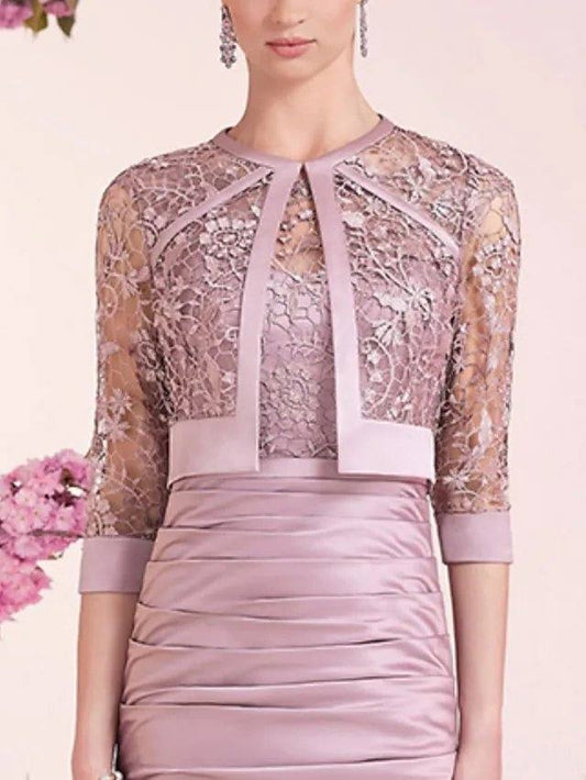 Two Piece Sheath / Column Mother of the Bride Dress Elegant Jewel Neck Knee Length Lace Satin 3/4 Length Sleeve with Appliques Ruching - RongMoon