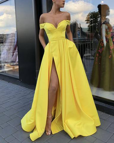 Sexy Split Prom Dresses Long Satin Off Shoulder Evening Gowns - RongMoon