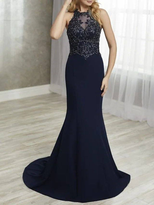 Mermaid / Trumpet Mother of the Bride Dress Elegant Halter Neck Sweep / Brush Train Chiffon Lace Sleeveless with Lace Appliques - RongMoon
