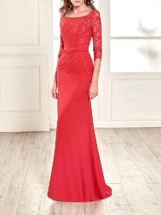 Sheath / Column Mother of the Bride Dress Elegant Jewel Neck Floor Length Lace Stretch Fabric Half Sleeve with Appliques - RongMoon