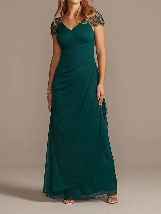 A-Line Mother of the Bride Dress Sexy V Neck Floor Length Chiffon Short Sleeve with Pleats Beading - RongMoon