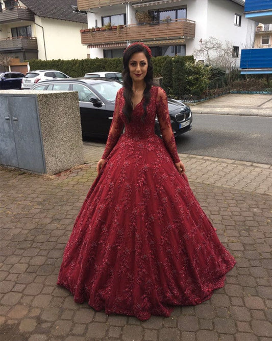 Illusion Long Sleeves V-neck Ball Gowns Lace Dresses