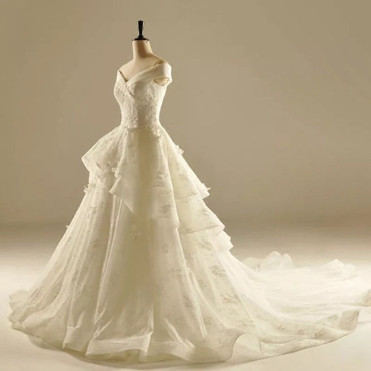 Ivory Lace A-line V Neck Off The Shoulder Wedding Dresses Princess