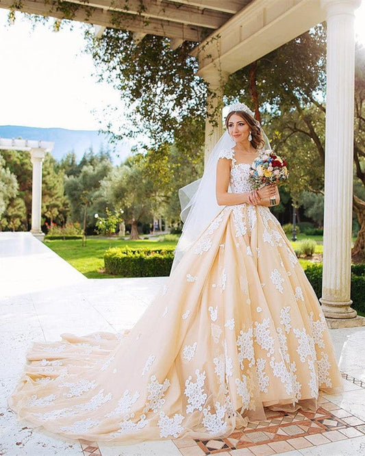 Ivory Lace Appliques Cap Sleeves Ballgowns Champagne Wedding Dresses