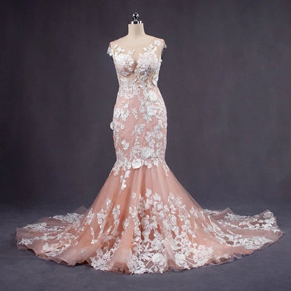 Ivory Lace Appliques Champagne Tulle Backless Mermaid Wedding Dresses