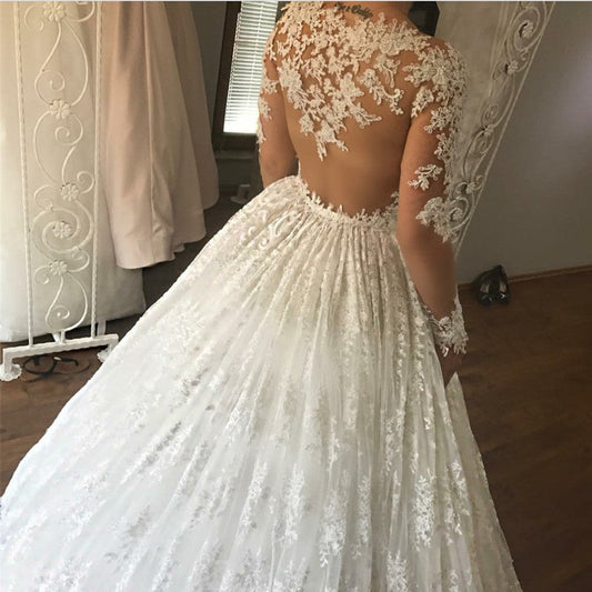 Ivory Lace Appliques Long Sleeves Ball Gowns Wedding Dresses