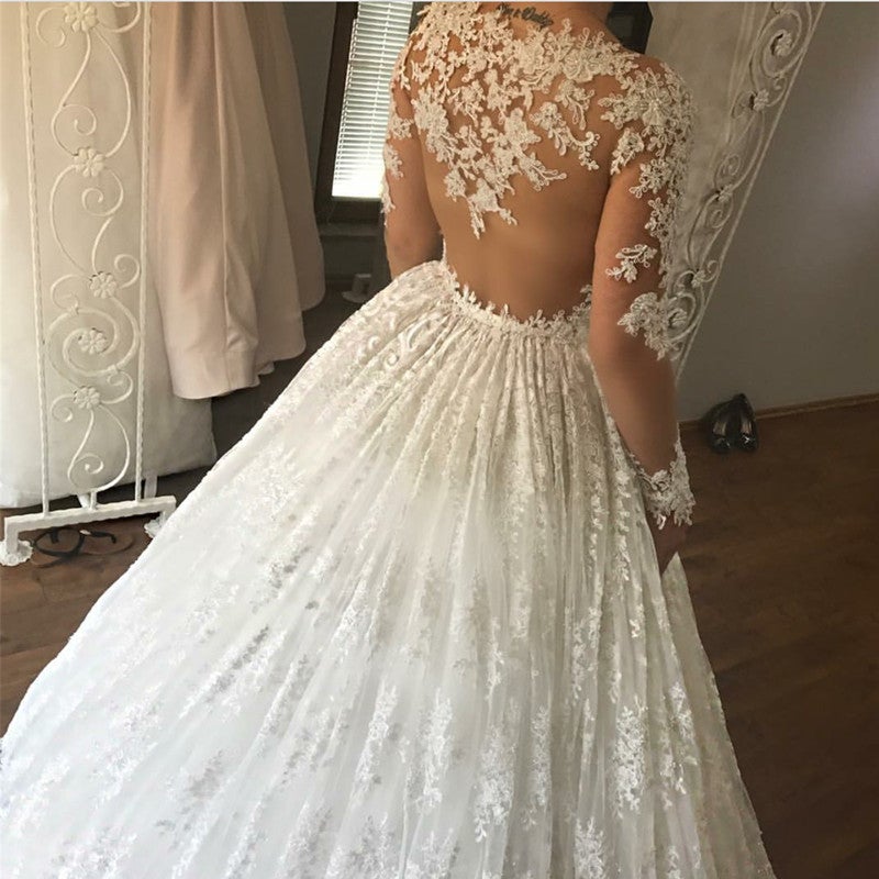 Ivory Lace Appliques Long Sleeves Ball Gowns Wedding Dresses