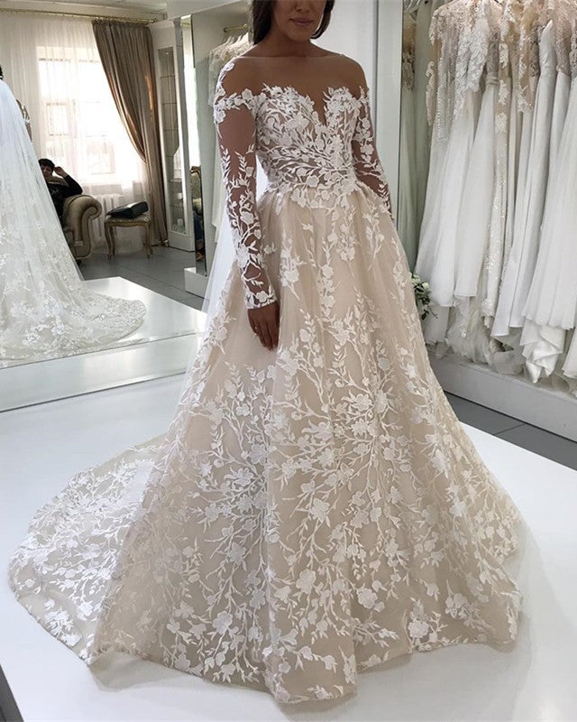 Ivory Lace Embroidery Nude Tulle Neckline Long Sleeves Wedding Dresses Champagne