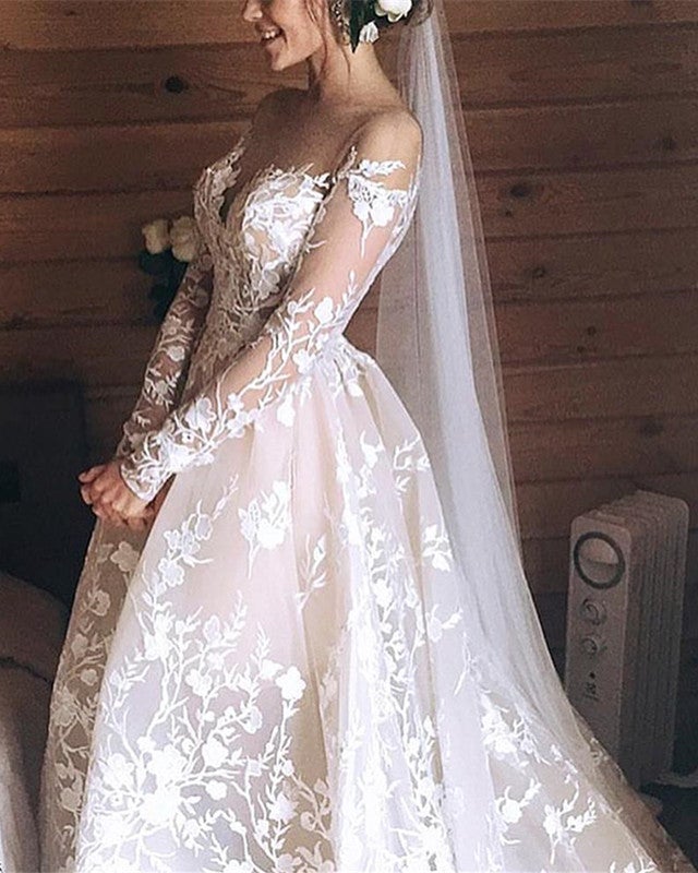 Ivory Lace Embroidery Nude Tulle Neckline Long Sleeves Wedding Dresses Champagne