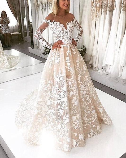 Ivory Lace Embroidery Nude Tulle Neckline Long Sleeves Wedding Dresses Champagne