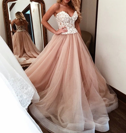 Ivory Lace Sweetheart Bodice Corset Champagne Tulle Wedding Dresses