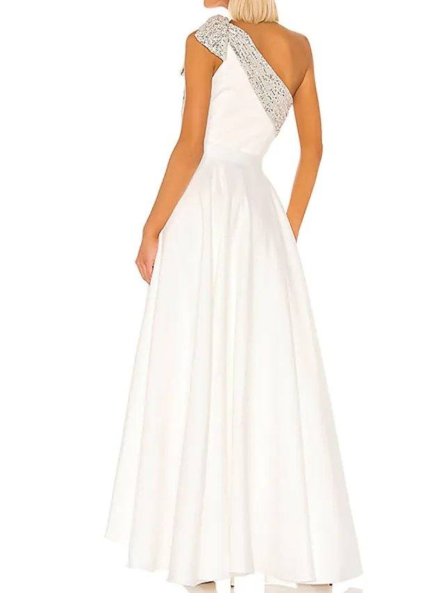 Jumpsuits Minimalist Elegant Engagement Prom Valentine's Day Dress One Shoulder Sleeveless Floor Length Stretch Satin with Pleats Ruffles - RongMoon