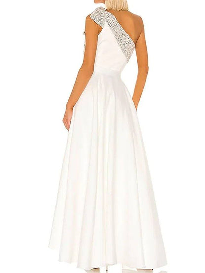 Jumpsuits Minimalist Elegant Engagement Prom Valentine's Day Dress One Shoulder Sleeveless Floor Length Stretch Satin with Pleats Ruffles - RongMoon