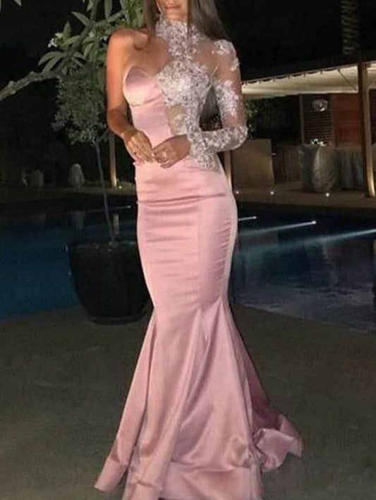 Mermaid / Trumpet Cut Out Sexy Engagement Formal Evening Dress High Neck Long Sleeve Floor Length Lace Satin with Appliques - RongMoon