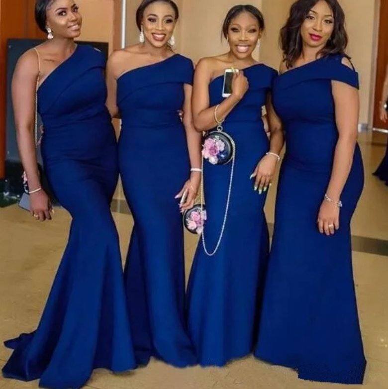 Blue Bridesmaid Dresses For Women Mermaid One-shoulder Satin Long Cheap Under 50 Wedding Party Dresses - RongMoon