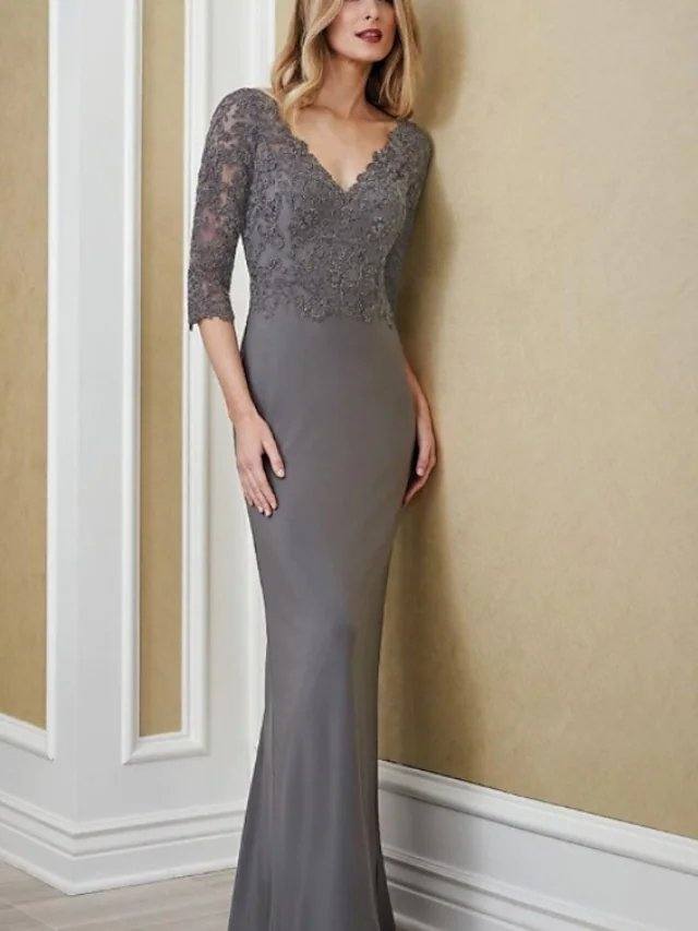 Sheath / Column Mother of the Bride Dress Elegant V Neck Floor Length Chiffon Lace 3/4 Length Sleeve with Embroidery - RongMoon