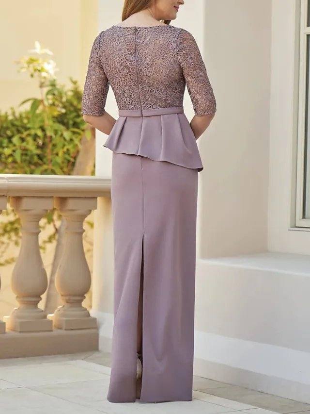 Sheath / Column Mother of the Bride Dress Elegant V Neck Floor Length Polyester Half Sleeve with Split Front Cascading Ruffles - RongMoon