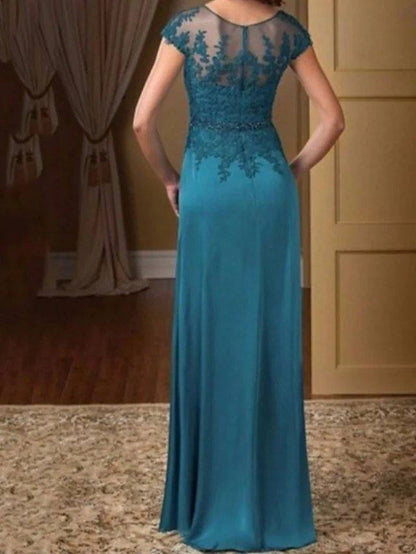 Sheath / Column Mother of the Bride Dress Elegant V Neck Floor Length Chiffon Lace Short Sleeve with Sash / Ribbon Embroidery - RongMoon
