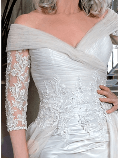 Sheath / Column Mother of the Bride Dress Elegant Off Shoulder Knee Length Lace Satin Tulle 3/4 Length Sleeve with Pleats Appliques - RongMoon