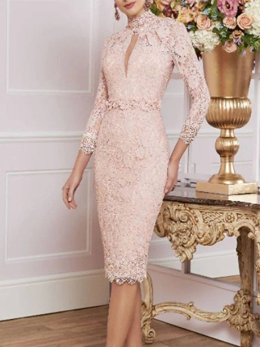 Sheath / Column Mother of the Bride Dress Plus Size High Neck Knee Length Lace 3/4 Length Sleeve with Appliques - RongMoon