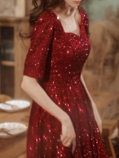 A-Line Glittering Minimalist Wedding Guest Formal Evening Dress Scoop Neck Short Sleeve Floor Length Sequined with Pleats Sequin - RongMoon