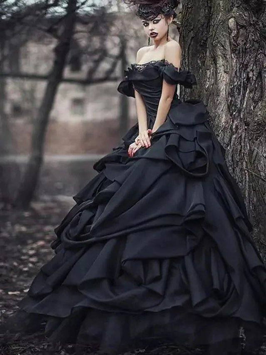 Ball Gown Wedding Dresses Off Shoulder Court Train Lace Tulle Short Sleeve Sexy Black Modern with Lace Cascading Ruffles - RongMoon