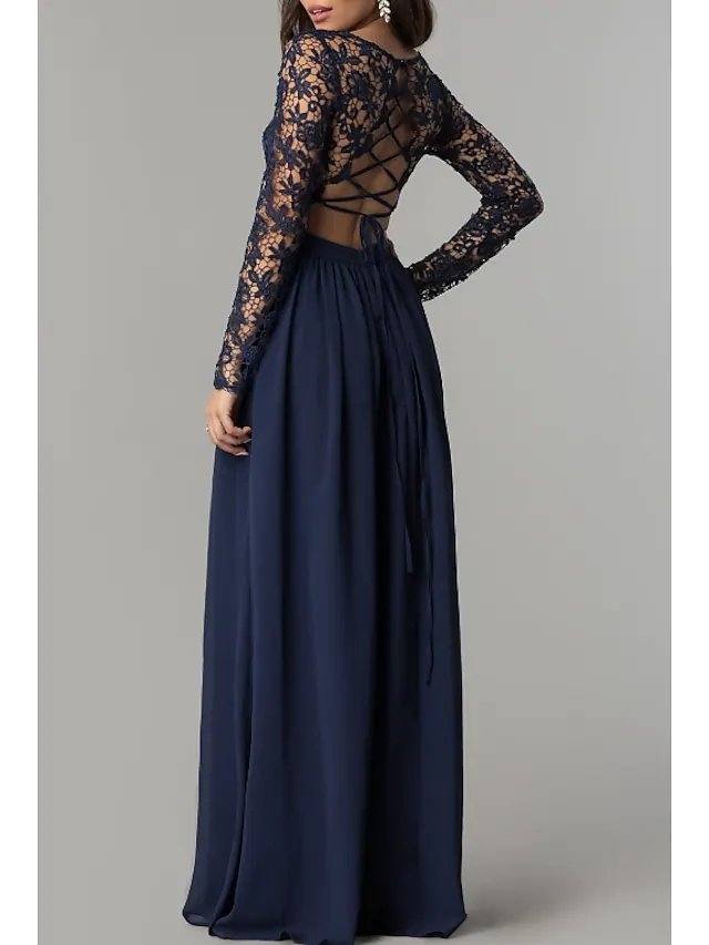 Sheath / Column Mother of the Bride Dress Elegant Jewel Neck Floor Length Chiffon Lace Long Sleeve with Appliques Ruching - RongMoon