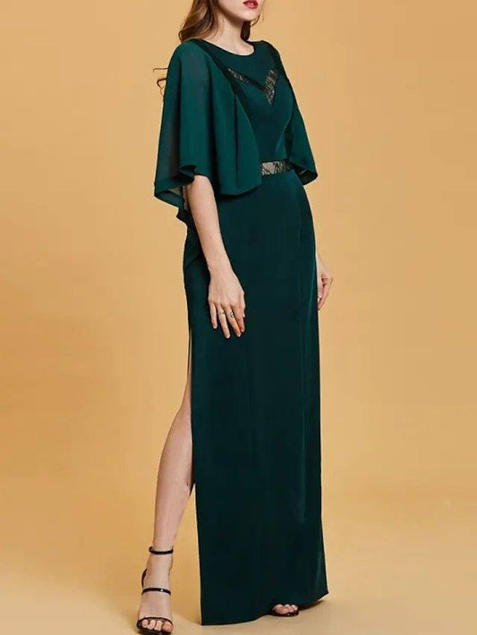 Sheath / Column Mother of the Bride Dress Elegant Jewel Neck Floor Length Chiffon Lace 3/4 Length Sleeve with Split Front - RongMoon