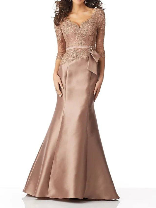 Mermaid / Trumpet Mother of the Bride Dress Elegant V Neck Sweep / Brush Train Lace Satin 3/4 Length Sleeve with Sash / Ribbon Bow(s) - RongMoon