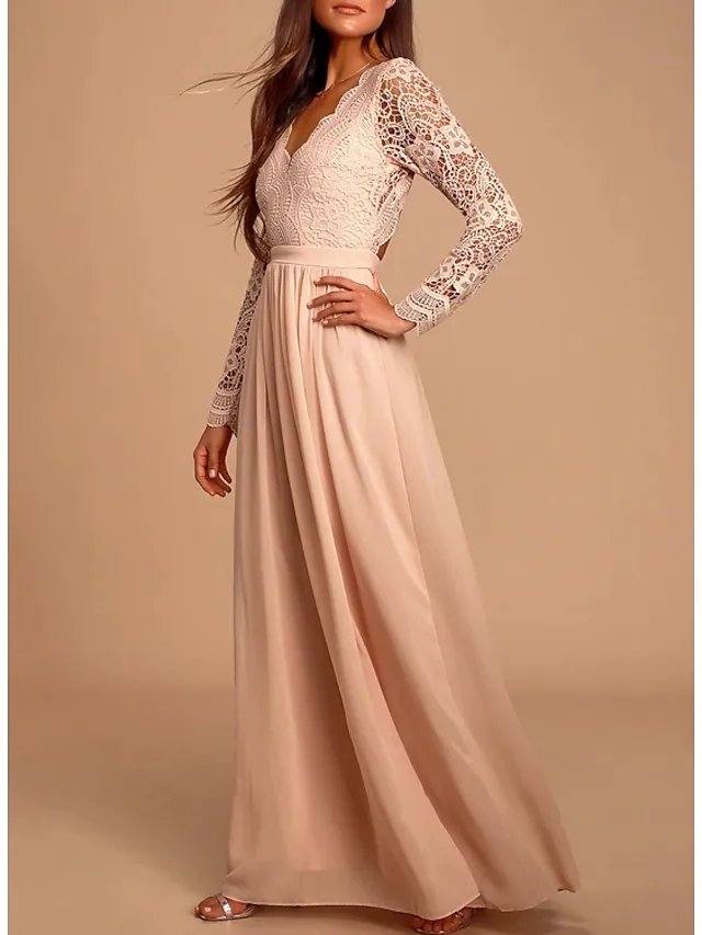 A-Line Plunging Neck Floor Length Chiffon / Lace Bridesmaid Dress with Lace / Pleats - RongMoon