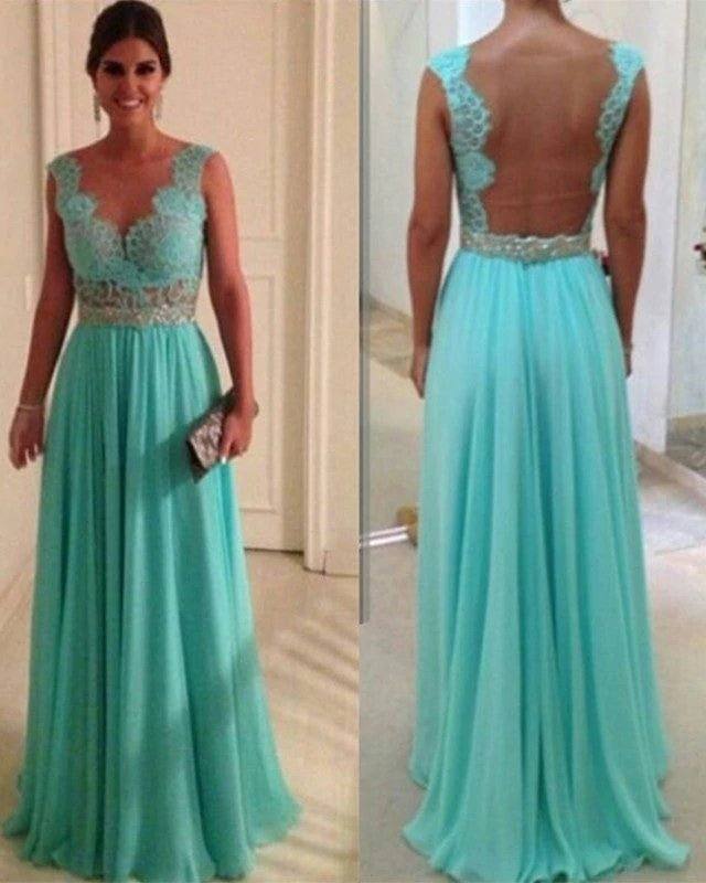Sexy Nude Back Chiffon Floor Length Bridesmaid Dresses Lace Appliques - RongMoon