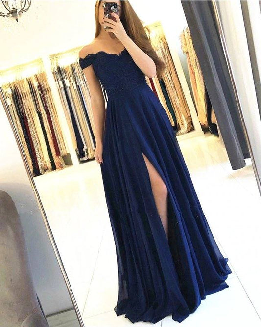 Lace Appliques Off Shoulder Long Chiffon Bridesmaid Dresses - RongMoon