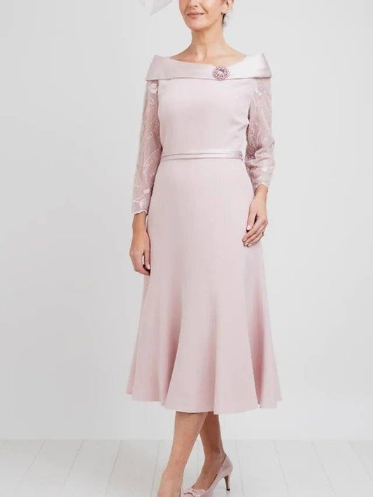 A-Line Mother of the Bride Dress Elegant Jewel Neck Tea Length Lace Satin Long Sleeve with Pleats Beading - RongMoon