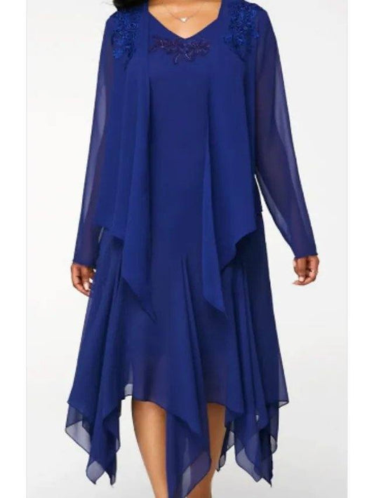 Two Piece Mother of the Bride Dress Elegant V Neck Knee Length Chiffon Lace Long Sleeve with Draping - RongMoon