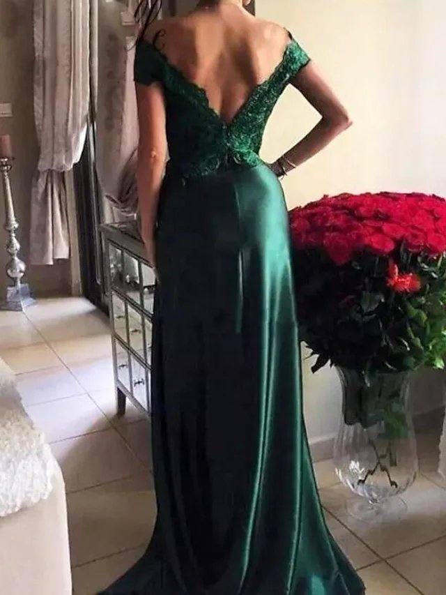 A-Line Elegant Prom Formal Evening Dress Off Shoulder Short Sleeve Sweep / Brush Train Lace Satin with Split Appliques - RongMoon