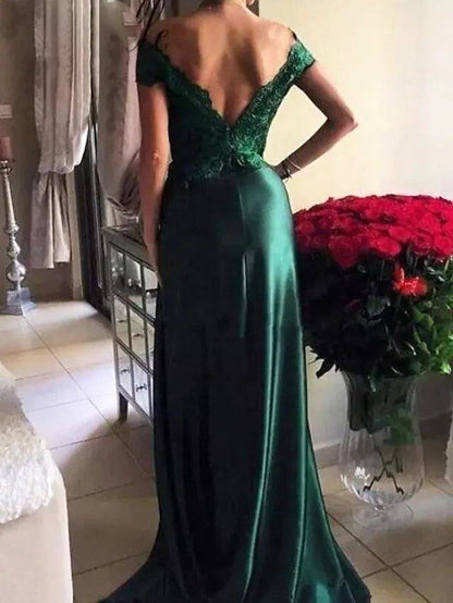 A-Line Elegant Prom Formal Evening Dress Off Shoulder Short Sleeve Sweep / Brush Train Lace Satin with Split Appliques - RongMoon