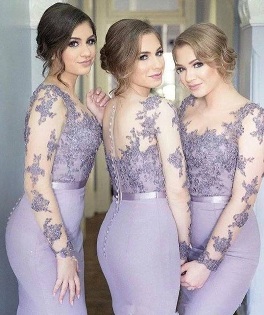 Long Sleeves Bridesmaid Dresses For Women Mermaid Satin Lace Long Cheap Under 50 Wedding Party Dresses - RongMoon